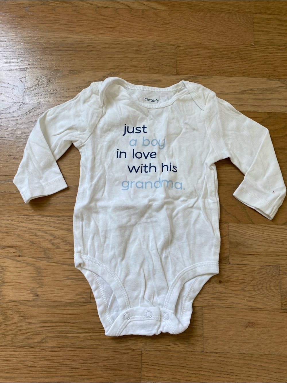 Carter's 6 Month White Long-Sleeve Baby One-Piece with Blue Text